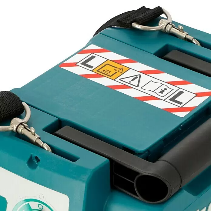 Makita LXT 18V Aspirador en seco y húmedo de batería DVC750LZX3 - 18 V, Sin batería, Volumen de recipiente: 7,5 l - Estuche portátil turquesa con etiqueta de advertencia de seguridad, cierres metálicos y accesorio de manguera negra.