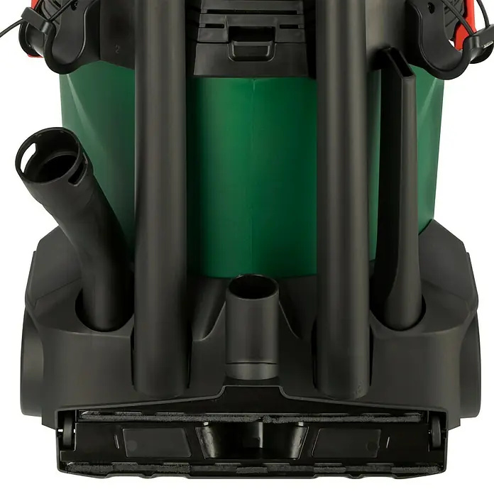 Bosch Elektro-Nass- & Trockensauger AdvancedVac 201.200 W, Behältervolumen: 20 l - Detailaufnahme der Rückseite eines Staubsaugers mit Zubehörhalterungen und Bürstenaufsatz.