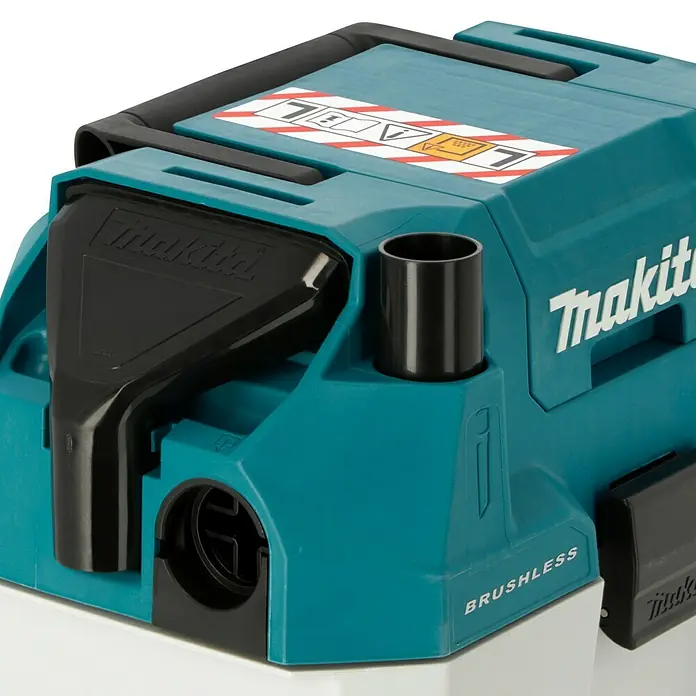 Makita LXT 18V Akku-Nass-Trockensauger DVC750LZX3 - 18 V, Ohne Akku, Behältervolumen: 7,5 l - Nahaufnahme eines Makita-Staubsaugers mit Bürstenloser Technologie, der professionelle Reinigungsleistung verspricht.