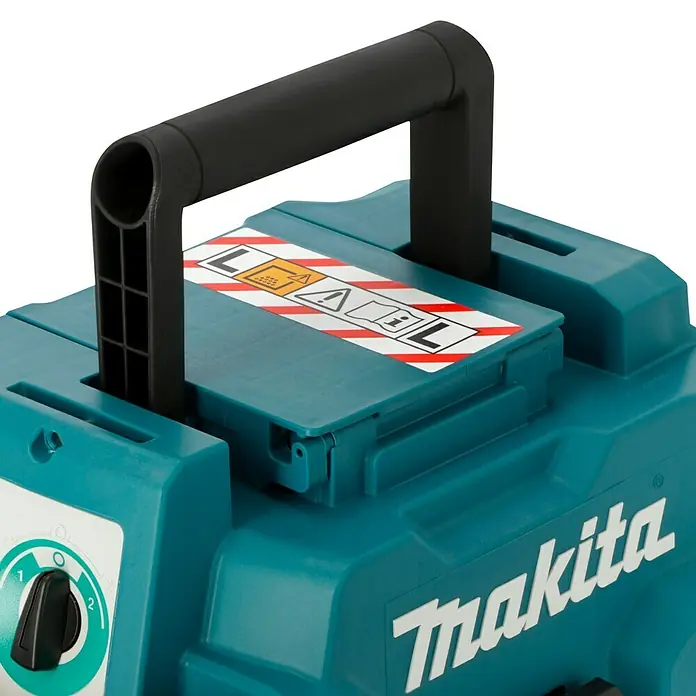 Makita LXT 18V Akku-Nass-Trockensauger DVC750LZX3 - 18 V, Ohne Akku, Behältervolumen: 7,5 l - Nahaufnahme einer Makita-Baustellenleuchte mit Tragegriff und Bedienfeld, ideal für den Einsatz auf Baustellen.