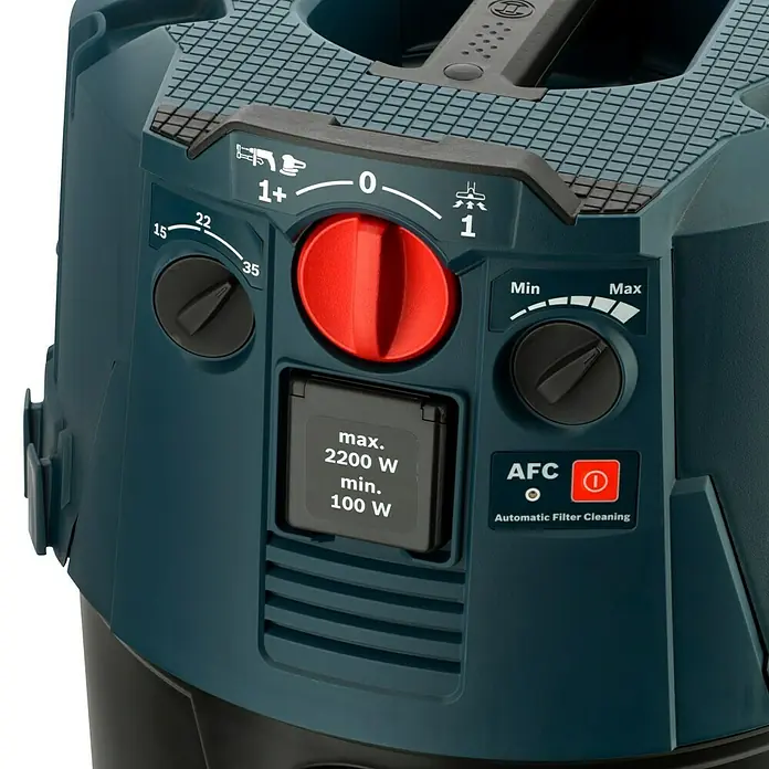 Bosch Professional Elektro-Nass- & Trockensauger GAS 35 M AFC - 1.200 W, Behältervolumen: 35 l, Mit Beutel - Detailansicht eines Bosch Staubsaugers mit Bedienelementen und Leistungsangaben.