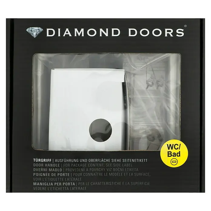 Diamond Doors Modern Zimmertürgarnitur WC L-Form - Stärke Tür: 38 mm - 45 mm, Edelstahl, Schlitzkopf/Olive - Abbildung eines Diamond Doors WC/Bad Türgriffs, der auf der Seitenetikett Details zur Ausführung und Oberfläche zeigt.