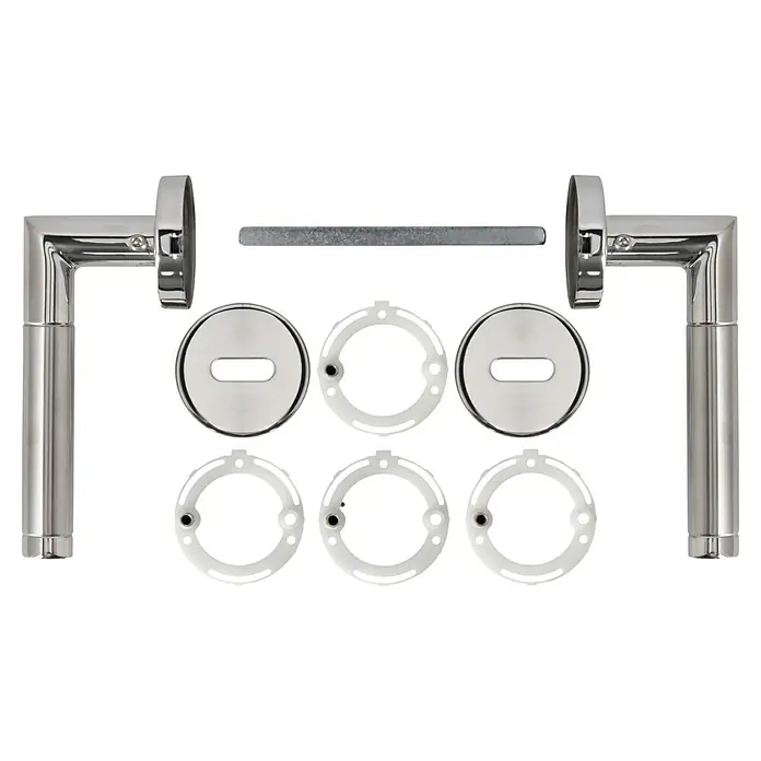 Diamond Doors Creative Drückergarnitur Avantgardo - Edelstahl, Buntbart - Nahaufnahme eines Türgriff-Sets mit Griffen, Rosetten und Montagezubehör, perfekt für moderne Inneneinrichtungen. Hochwertiges Design für Türen.