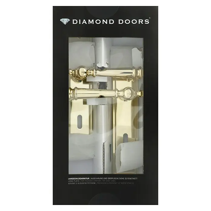 Diamond Doors Classic Drückergarnitur Classic Indiana - Buntbart, Sonstiges - Bild einer Diamond Doors Langschildgarnitur in Goldoptik, verpackt zur sicheren Aufbewahrung und Präsentation.