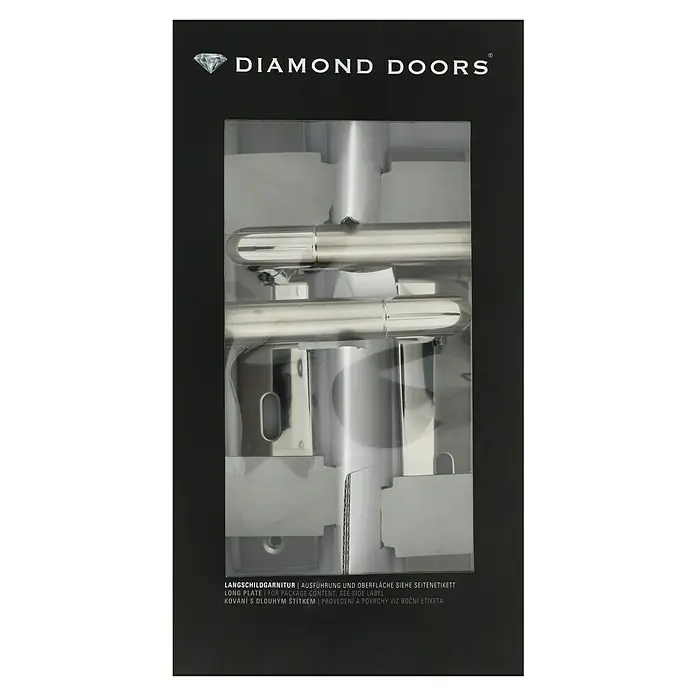 Diamond Doors Creative Drückergarnitur Louisiana - Stärke Tür: 38 mm - 45 mm, Edelstahl, L-Form, Buntbart - Eine Verpackung mit Türbeschlägen von Diamond Doors, die hochwertige und stilvolle Türlösungen versprechen.