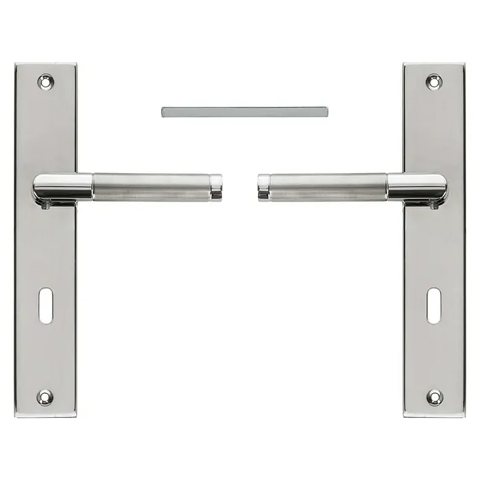 Diamond Doors Creative Drückergarnitur Louisiana - Stärke Tür: 38 mm - 45 mm, Edelstahl, L-Form, Buntbart - Ein Paar glänzende Türgriffe mit Langschild, die durch ihr minimalistisches Design und die klare Linienführung bestechen. Ideal für moderne Inneneinrichtungen.