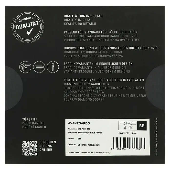 Diamond Doors Creative Drückergarnitur Avantgardo - Edelstahl, Buntbart - Abbildung der Verpackung eines Türgriffs "Avantgardo" mit Produktinformationen und Qualitätssiegel.