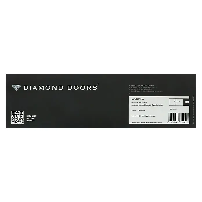 Diamond Doors Creative Drückergarnitur Louisiana - Stärke Tür: 38 mm - 45 mm, Edelstahl, L-Form, Buntbart - Abbildung einer Diamond Doors Louisiana Langschild-Garnitur, eckig, mit Buntbart-Variante und polierter Edelstahl-Optik, inklusive QR-Code.