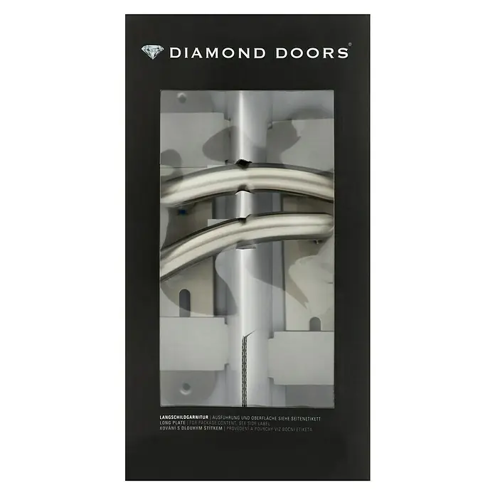 Diamond Doors Modern Zimmertürgarnitur Virginia - Edelstahl, Stärke Tür: 38 mm - 45 mm, Buntbart - Abbildung einer Diamond Doors Langschildgarnitur, Ausführung und Oberfläche sind auf dem Seitenetikett ersichtlich.