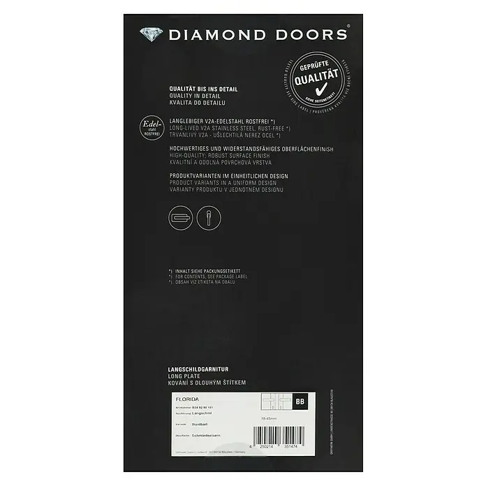 Diamond Doors Classic Drückergarnitur Classic Florida - Sonstiges, Buntbart - Abbildung einer Diamant-Türen-Langschildgarnitur mit der Bezeichnung Florida und einer robusten Oberfläche in Schmiedeeisern.