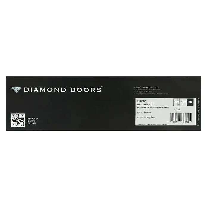 Diamond Doors Classic Drückergarnitur Classic Indiana - Buntbart, Sonstiges - Produktverpackung von Diamond Doors Indiana, Langschild eckig Deko-Schraube, mit Messing-Optik und QR-Code für Online-Besuch.
