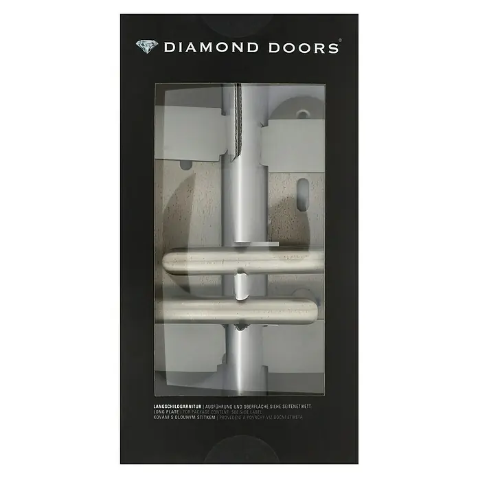 Diamond Doors Modern Zimmertürgarnitur Alaska - Edelstahl, Stärke Tür: 38 mm - 45 mm, Buntbart - Produktverpackung für ein Türbeschlag-Set von Diamond Doors, mit einem langen Schild und Griffen in Silber.