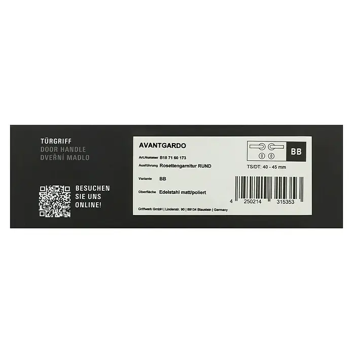 Diamond Doors Creative Drückergarnitur Avantgardo - Edelstahl, Buntbart - Türgriff Avantgardo aus Edelstahl, matt/poliert, mit Rosettengarnitur RUND und der Artikelnummer B18 71 60 173.