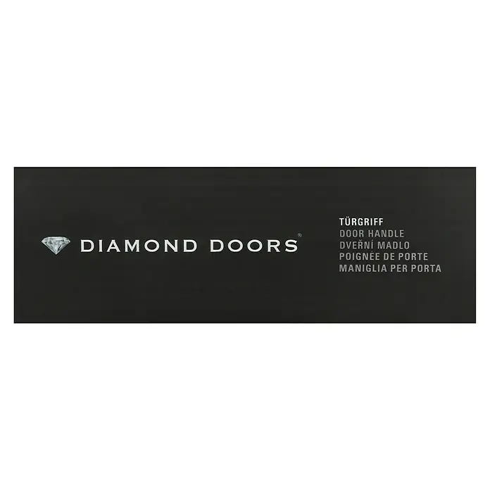 Diamond Doors Modern Zimmertürgarnitur WC L-Form - Stärke Tür: 38 mm - 45 mm, Edelstahl, Schlitzkopf/Olive - Das elegante Logo von Diamond Doors mit dem Schriftzug und dem stilisierten Diamanten neben der Übersetzung „Türgriff“ in fünf Sprachen.