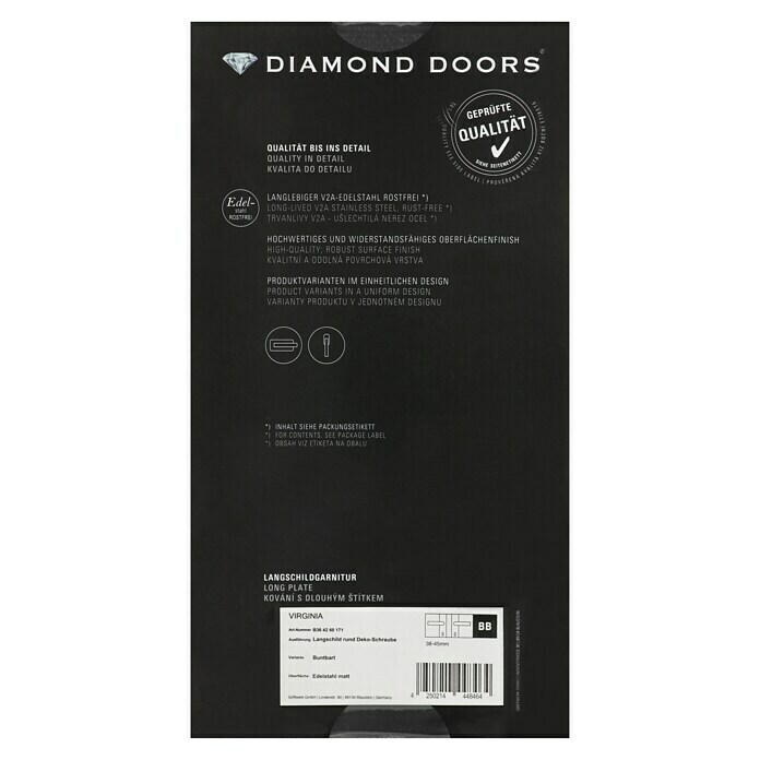 Diamond Doors Modern Zimmertürgarnitur Virginia (Edelstahl, Matt, Türstärke: 40 - 45 mm, Langschild)