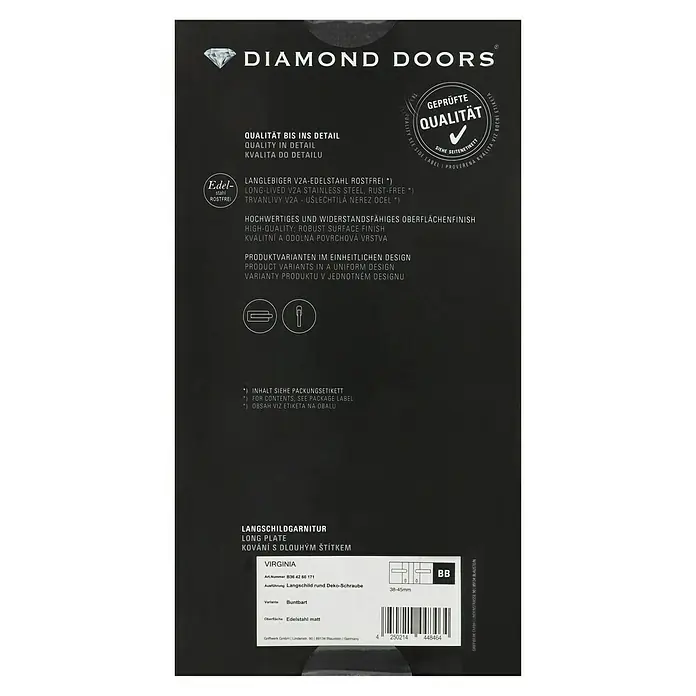 Diamond Doors Modern Zimmertürgarnitur Virginia - Edelstahl, Stärke Tür: 38 mm - 45 mm, Buntbart - Abbildung einer Diamond Doors Langschildgarnitur aus Edelstahl, Modell Virginia, mit runder Deko-Schraube und Buntbart-Variante.
