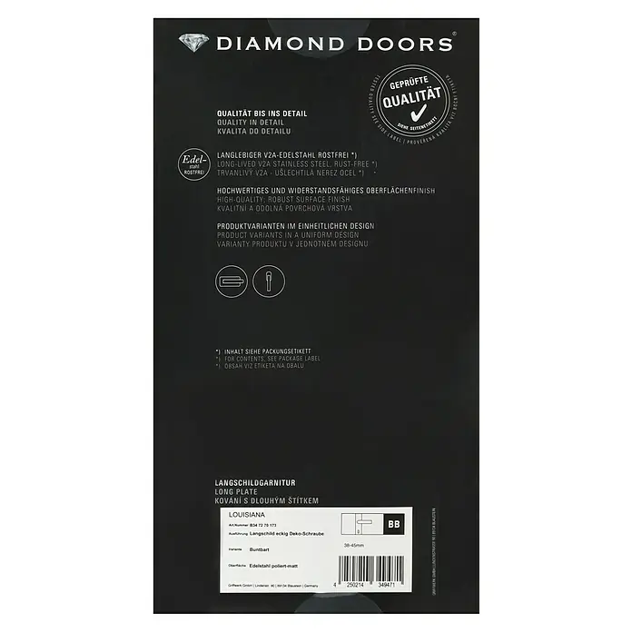 Diamond Doors Creative Drückergarnitur Louisiana - Stärke Tür: 38 mm - 45 mm, Edelstahl, L-Form, Buntbart - Produktverpackung für eine Langschildgarnitur "Louisiana" von Diamond Doors, aus poliertem Edelstahl.