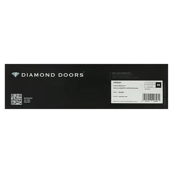 Diamond Doors Modern Zimmertürgarnitur Virginia - Edelstahl, Stärke Tür: 38 mm - 45 mm, Buntbart - Verpackung von DIAMOND DOORS mit Details zu VIRGINIA Langschild rund Deko-Schraube, Buntbart, Edelstahl matt und QR-Code für Online-Besuch.