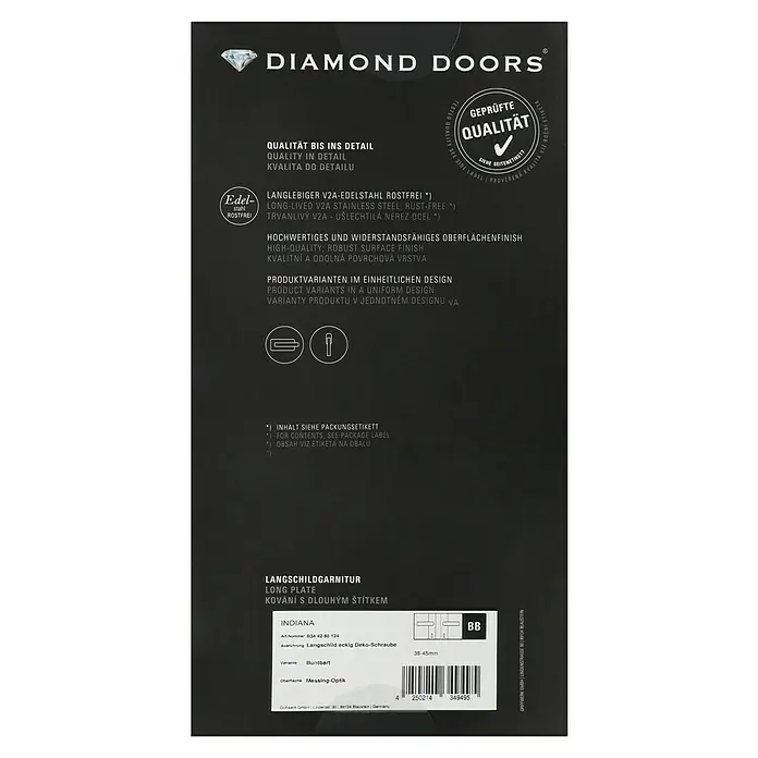 Diamond Doors Classic Drückergarnitur Classic Indiana - Buntbart, Sonstiges - Abbildung einer Diamond Doors Langschildgarnitur "Indiana" aus rostfreiem V2A-Edelstahl mit Messing-Optik und eckiger Deko-Schraube.