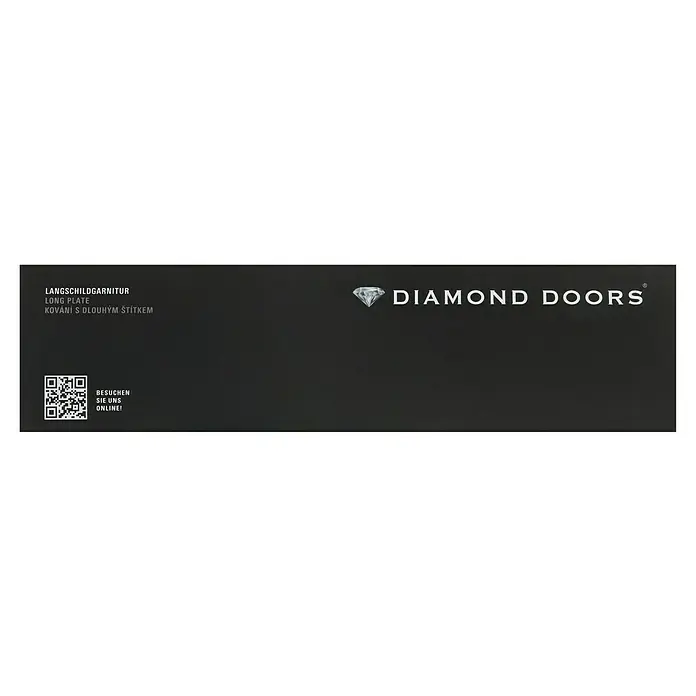 Diamond Doors Modern Zimmertürgarnitur Iowa L-Form - Stärke Tür: 38 mm - 45 mm, Edelstahl, L-Form, Buntbart - Das Bild zeigt ein "Diamond Doors" Produktetikett mit dem Firmenlogo, Produktinformationen und einem QR-Code.