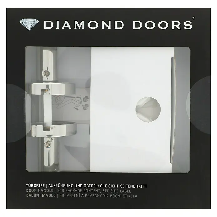 Diamond Doors Creative Drückergarnitur Avantgardo - Edelstahl, Buntbart - Verpackte Türklinke von Diamond Doors mit glänzender Oberfläche und Montageanleitung.