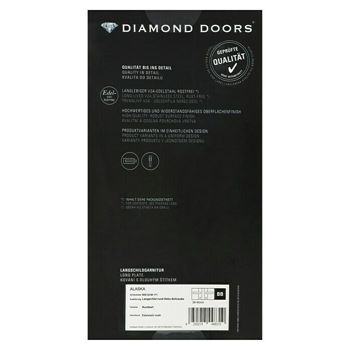 Diamond Doors Modern Zimmertürgarnitur Alaska (Edelstahl, Matt, Türstärke: 40 - 45 mm, Langschild)