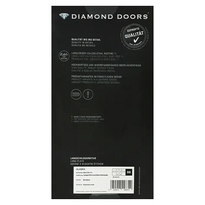 Diamond Doors Modern Zimmertürgarnitur Alaska - Edelstahl, Stärke Tür: 38 mm - 45 mm, Buntbart - Türbeschlag-Set "Alaska" mit Langschild, aus Edelstahl matt, ideal für stilvolle Innentüren.