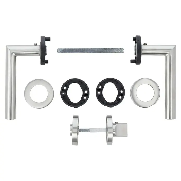 Diamond Doors Modern Zimmertürgarnitur WC L-Form - Stärke Tür: 38 mm - 45 mm, Edelstahl, Schlitzkopf/Olive - Nahaufnahme eines Türdrücker-Sets mit Griffen, Rosetten und Vierkantstift auf schwarzem Hintergrund, ideal für moderne Inneneinrichtungen.