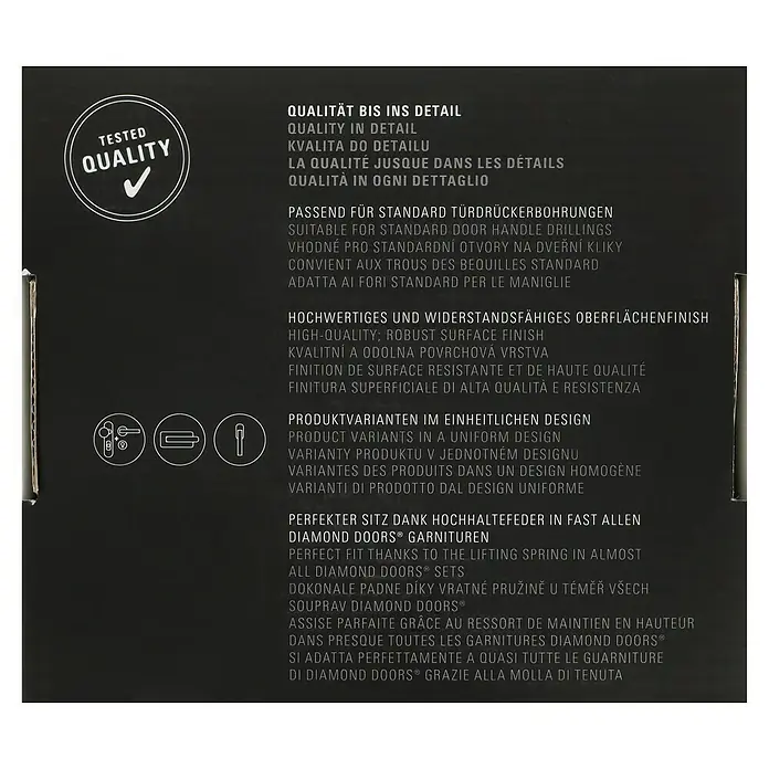Diamond Doors Modern Drückergarnitur WC L-Form - Stärke Tür: 38 mm - 45 mm, Edelstahl, L-Form, Schlitzkopf/Olive - Abbildung der Produktmerkmale mit Fokus auf Qualität, Design und Kompatibilität der DIAMOND DOORS® Garnituren.