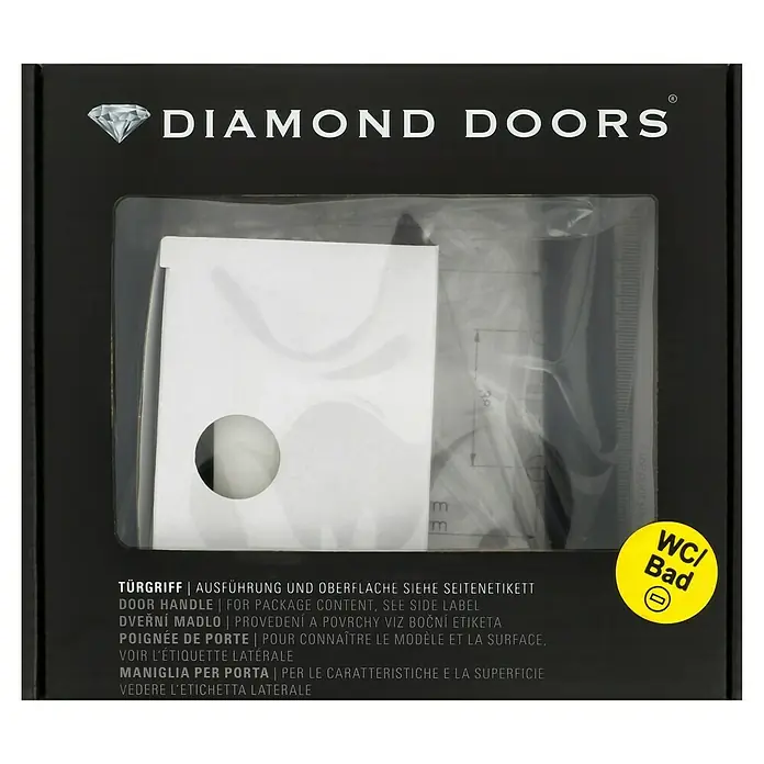 Diamond Doors Modern Drückergarnitur WC L-Form - Stärke Tür: 38 mm - 45 mm, Edelstahl, L-Form, Schlitzkopf/Olive - Abbildung einer Diamond Doors WC/Bad-Türgarnitur in einer schwarzen Verpackung, die das Produkt und Details zur Ausführung zeigt.