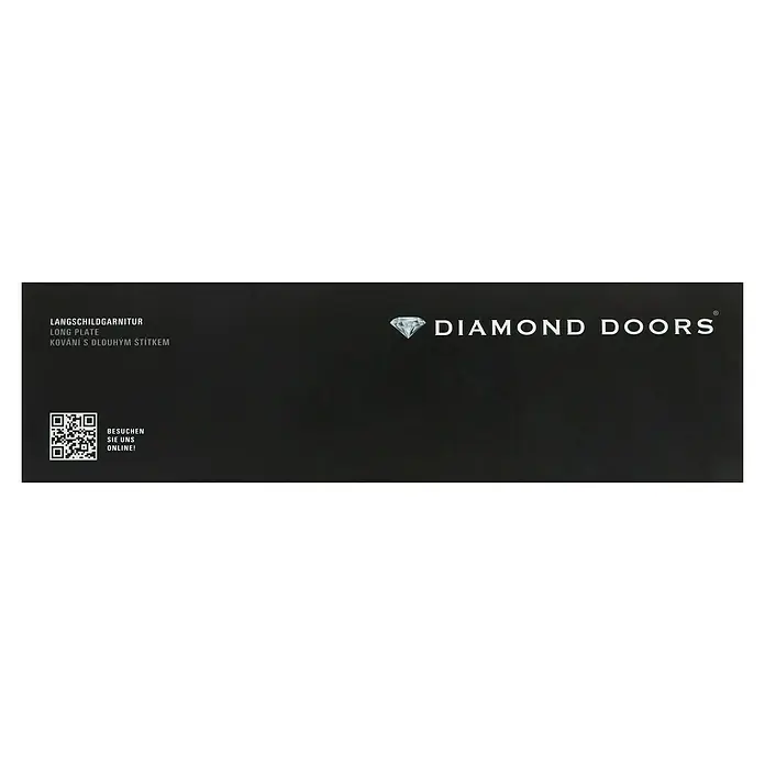 Diamond Doors Modern Zimmertürgarnitur Virginia - Edelstahl, Stärke Tür: 38 mm - 45 mm, Buntbart - Das Bild zeigt eine Verpackung für Langschildgarnituren von Diamond Doors, mit QR-Code und dem Hinweis "Besuchen Sie uns online!".