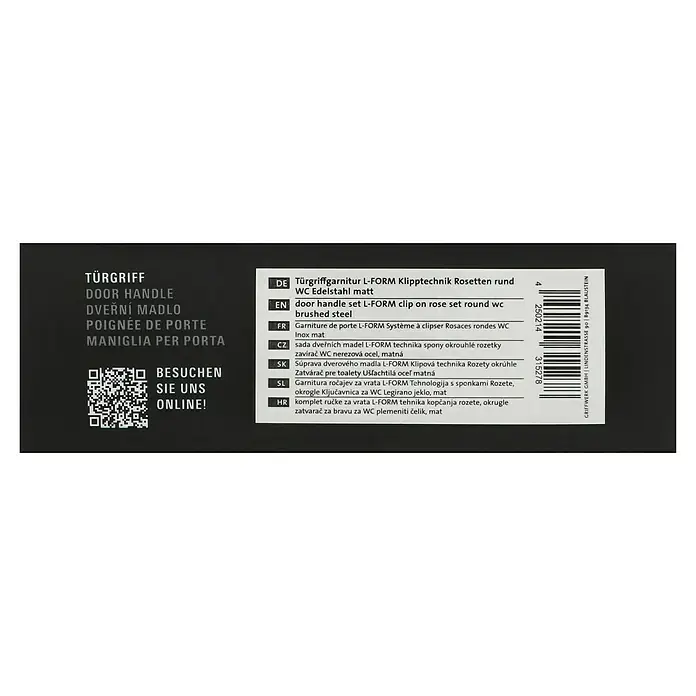 Diamond Doors Modern Zimmertürgarnitur WC L-Form - Stärke Tür: 38 mm - 45 mm, Edelstahl, Schlitzkopf/Olive - Verpackungsaufdruck für Türgriffgarnitur L-FORM Klipptechnik Rosetten rund WC Edelstahl matt, mit Strichcode und QR-Code.