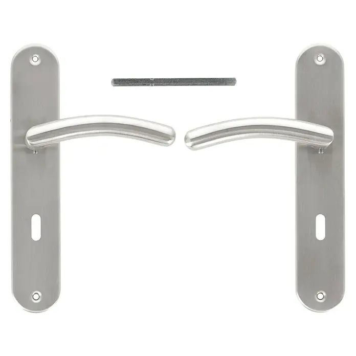 Diamond Doors Modern Zimmertürgarnitur Virginia - Edelstahl, Stärke Tür: 38 mm - 45 mm, Buntbart - Elegantes Türbeschlagset in Silber, bestehend aus zwei Griffen und einem Verbindungsstück, für eine stilvolle und sichere Türgestaltung.