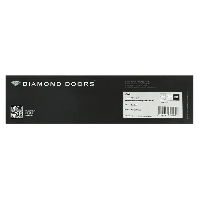 Diamond Doors Modern Zimmertürgarnitur Iowa L-Form - Stärke Tür: 38 mm - 45 mm, Edelstahl, L-Form, Buntbart - Produktabbildung: Iowa Langschild eckig Deko-Schraube, Ausführung Buntbart und Oberfläche Edelstahl matt.