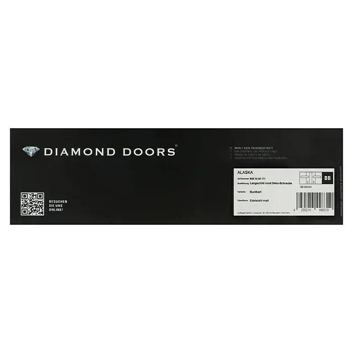 Diamond Doors Modern Zimmertürgarnitur Alaska - Edelstahl, Stärke Tür: 38 mm - 45 mm, Buntbart - Etikett einer Diamond Doors Alaska Langschild-Garnitur mit runder Dekoschraube, Buntbart-Variante, aus Edelstahl matt, Größenangabe und Barcode.
