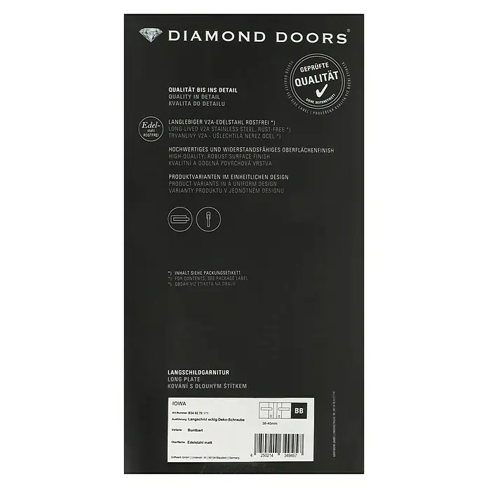 Diamond Doors Modern Zimmertürgarnitur Iowa L-Form - Stärke Tür: 38 mm - 45 mm, Edelstahl, L-Form, Buntbart - Türbeschlag Iowa mit Langschild, eckiger Deko-Schraube, Buntbart und Edelstahloberfläche für langlebige Qualität und einheitliches Design.