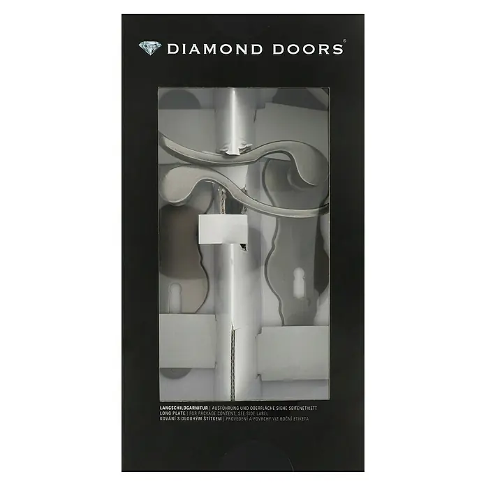 Diamond Doors Classic Drückergarnitur Classic Florida - Sonstiges, Buntbart - Produktverpackung von Diamond Doors, die eine Langschildgarnitur zeigt. Die Verpackung ist schwarz mit silbernen Akzenten und Text.