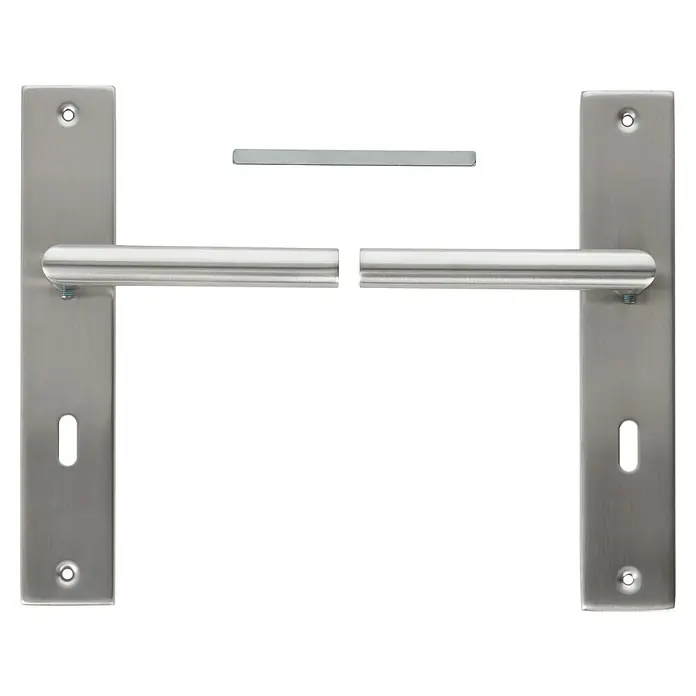 Diamond Doors Modern Zimmertürgarnitur Iowa L-Form - Stärke Tür: 38 mm - 45 mm, Edelstahl, L-Form, Buntbart - Elegante Türgarnitur aus gebürstetem Edelstahl, bestehend aus zwei Langschildern, Griff und einem dazwischen liegenden Verbindungsstück.