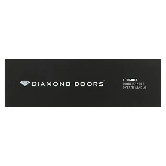 Diamond Doors Creative Drückergarnitur Avantgardo - Edelstahl, Buntbart - Ein Türgriff von Diamond Doors, der auf einer dunklen Oberfläche in verschiedenen Sprachen beschriftet ist.