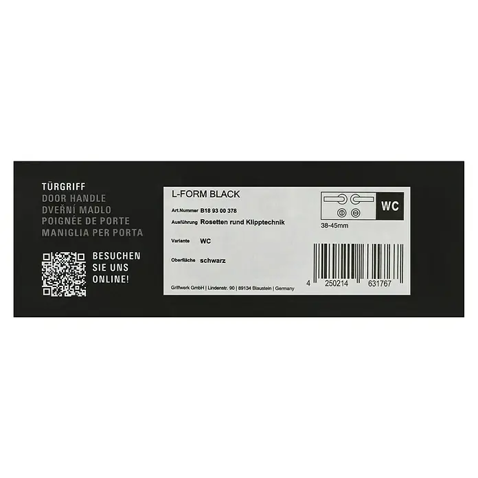 Diamond Doors Modern Drückergarnitur WC L-Form - Stärke Tür: 38 mm - 45 mm, Edelstahl, L-Form, Schlitzkopf/Olive - Verpackungsaufdruck eines Türgriffs L-Form Black WC-Ausführung, mit Produktinformationen, Strichcode und QR-Code.