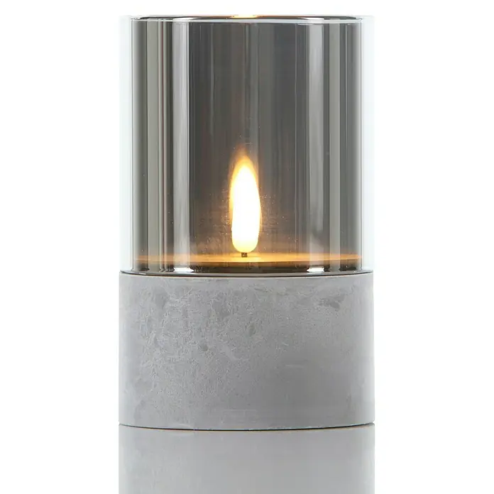 LED-Kerze Gracia - Grau, Ø x H: 8,5 x 13 cm - Elegante Tischleuchte mit Zylinder aus Glas und Basis aus grauem Stein. Ein sanftes Licht erhellt jeden Raum und sorgt für eine angenehme Atmosphäre.