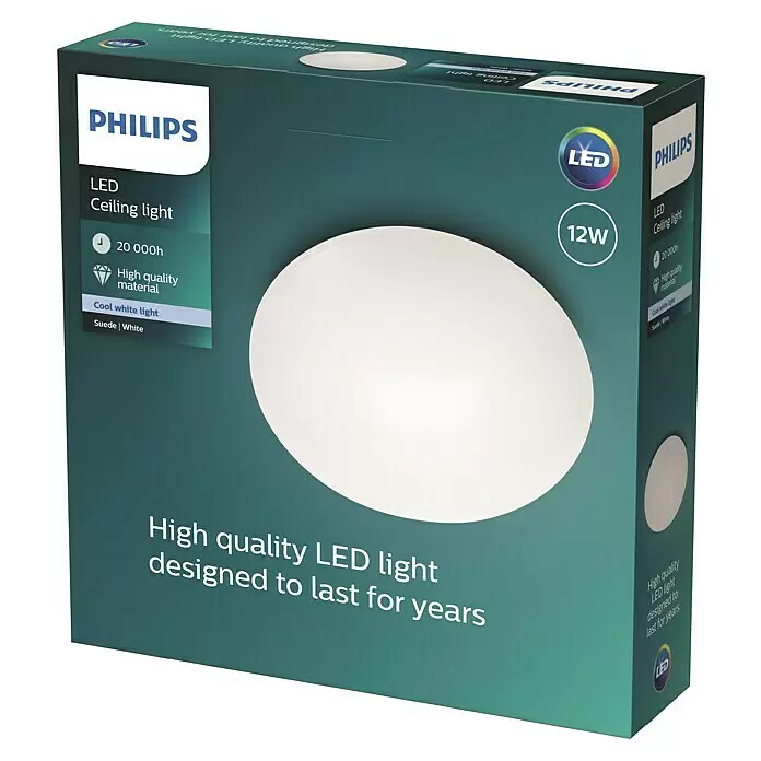 Philips Plafón LED redondo Suede - 12 W, Ø x Al: 34 x 9 cm, Blanco, Blanco neutro - Plafón LED Philips en caja verde azulado oscuro. Luz blanca fría de 12W con 20.000h de vida útil, fabricado con material de alta calidad.