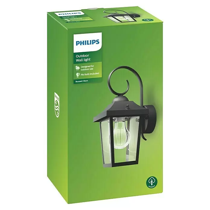 Philips Außenwandleuchte - 60 W, 14,3 x 17,8 x 30,8 cm, IP44 - Philips Buzzard schwarze Außenwandleuchte in grüner Verpackung, mit klassischem Laternen-Design und Schnörkelarm.
