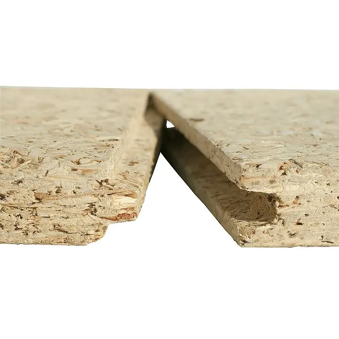 elka ESB-Platte Plus - 2.580 x 675 x 15 mm, Geschliffen - Nahaufnahme von zwei OSB-Platten mit Nut- und Federverbindung, die für den Innenausbau oder Möbelbau geeignet sind.