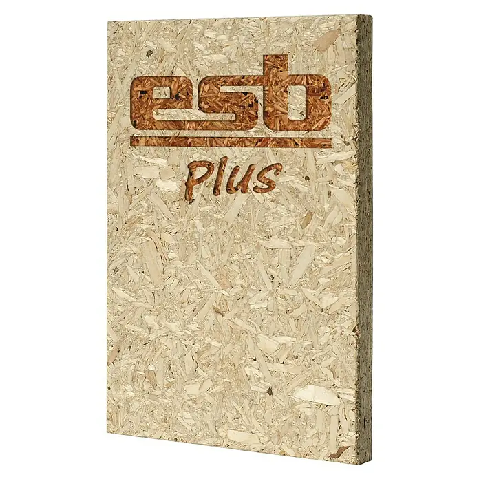 elka ESB-Platte Plus - 2.580 x 675 x 15 mm, Geschliffen - Eine OSB-Platte mit dem Aufdruck "ESB Plus", die die Textur und Zusammensetzung des Produkts hervorhebt.