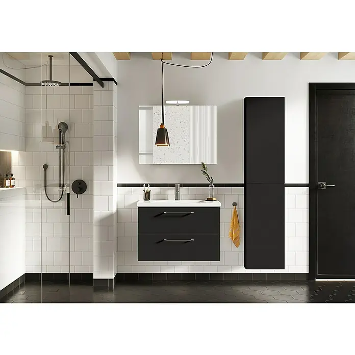 Riva Hochschrank Compact/Vulcano40 x 12,6 x 180 cm, Schwarz - Modernes Badezimmer mit schwarzem Waschtischunterschrank, Spiegelschrank und Hochschrank.