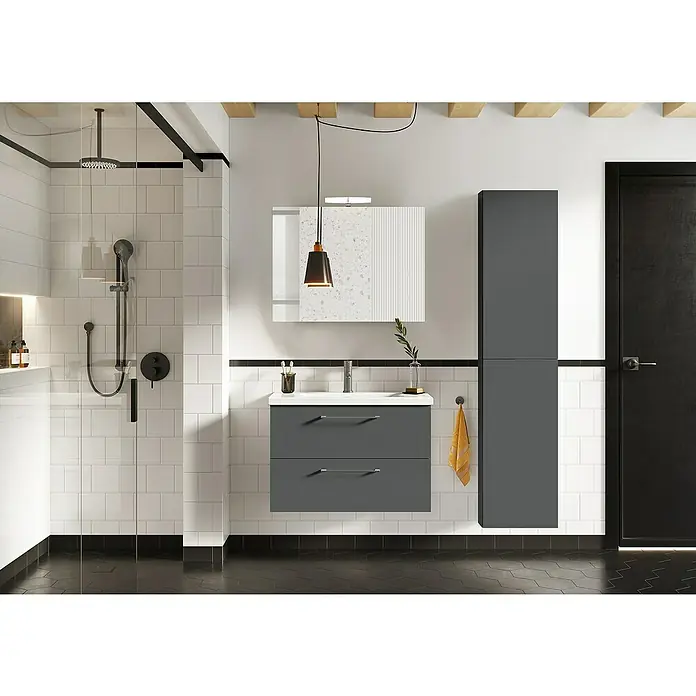 Riva Compact Hochschrank - 40 x 12,6 x 180 cm, Anthrazit - Moderne Badezimmereinrichtung mit grauem Waschtischunterschrank, Spiegelschrank und Hochschrank für ein stilvolles Badambiente.