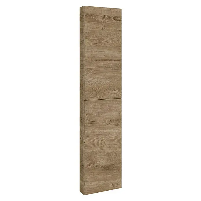 Riva Hochschrank Compact/Vulcano - 40 x 12,6 x 180 cm, Canela Eiche - Aufnahme eines hohen Holzschranks, der ein schlankes und modernes Design aufweist und sich für verschiedene Einrichtungsstile eignet.