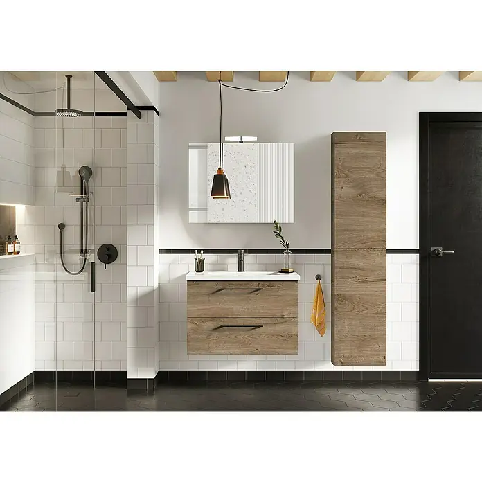 Riva Compact Badmöbel-Set - Gesamtbreite Badmöbel: 81,7 cm, Canela Eiche - Elegantes Badezimmer-Interieur mit einem Waschtischunterschrank in Holzoptik, einem passenden Hochschrank und einer modernen Duschkabine.