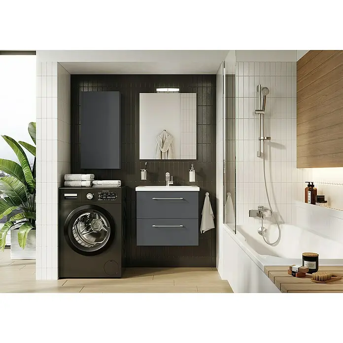 Riva Compact Hängeschrank - 40 x 12,6 x 80 cm, Anthrazit - Modernes Badezimmer-Design mit Waschmaschine, Waschtischunterschrank, Spiegel und Badewanne in stilvoller Anordnung für Komfort und Ästhetik.